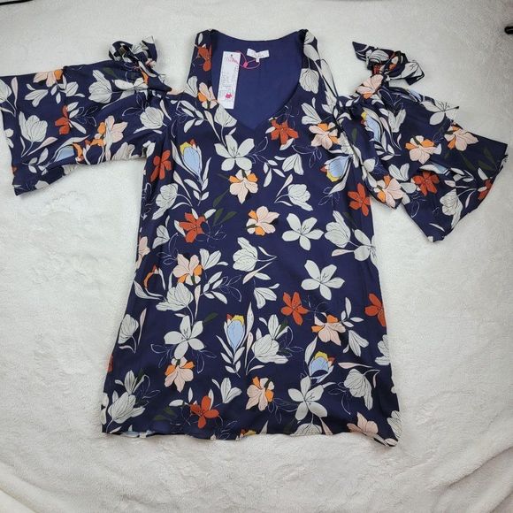 Parker Navy Floral Cold Shoulder Straps Mini Dress - Picture 3 of 14